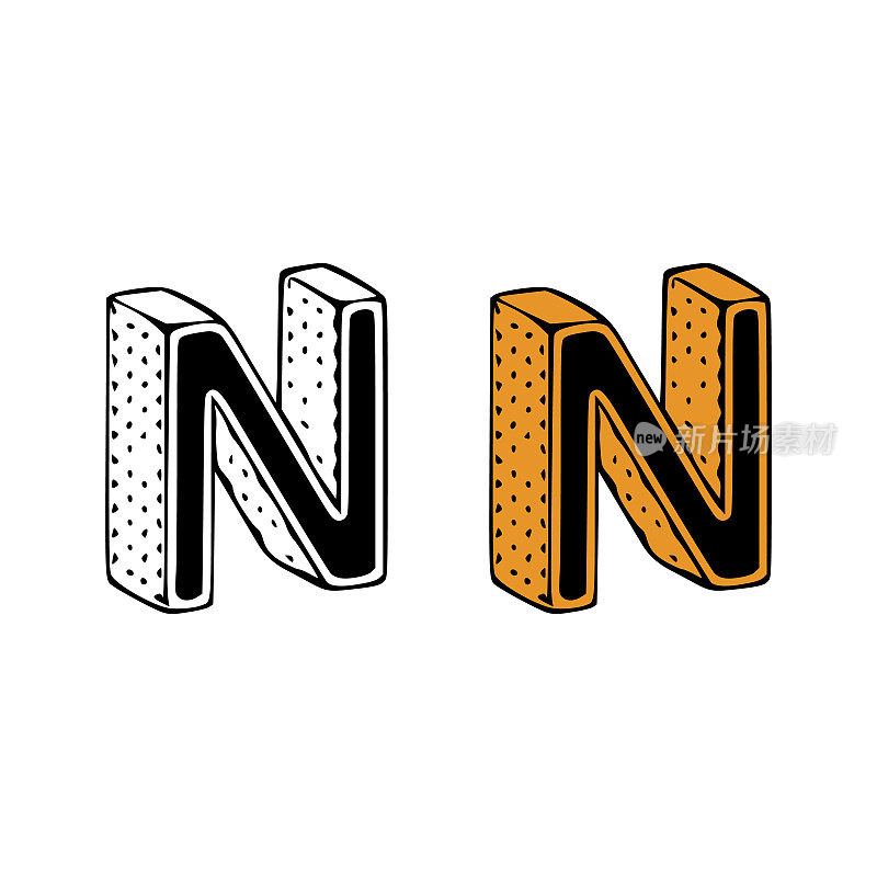 Isometric letter n doodle vector illustration on white background. Letters clip art.